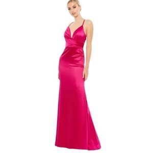 Ieena Mac Duggal - 26264I Plunging Neck Sheath Gown in Fuchsia NWOT Size 2